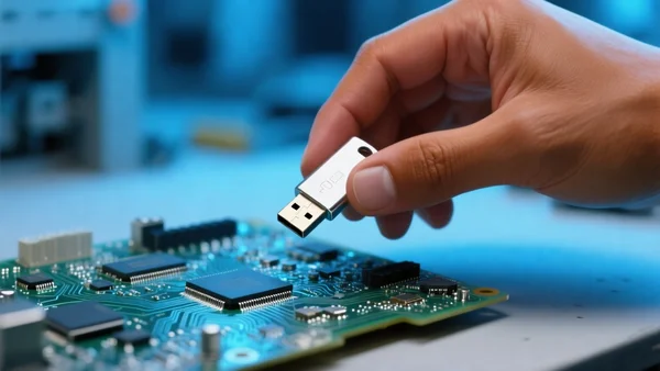 Gros plan sur une main tenant une clé USB argentée près d'un circuit électronique ouvert, fond flou d'atelier technique, éclairage bleuté