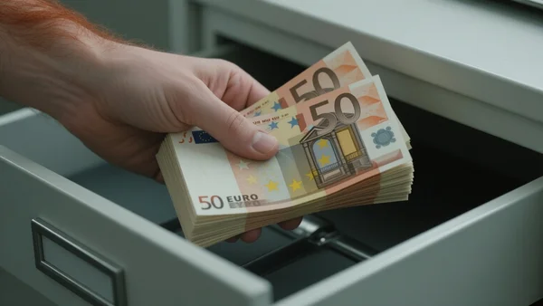 Gros plan sur une main retirant une liasse de billets de 50 euros d'un tiroir-caisse ouvert, éclairage froid et métallique, ambiance financière tendue