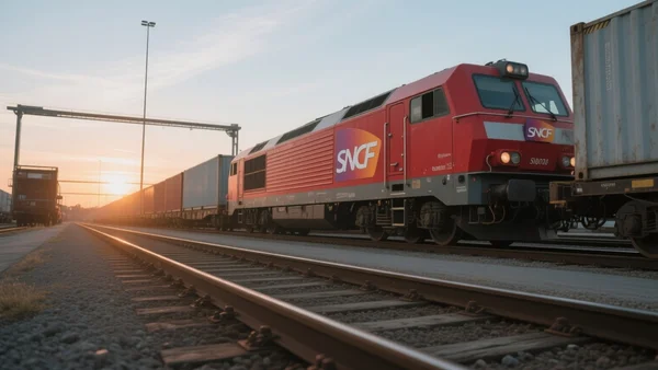 Locomotive rouge du fret SNCF tirant des wagons de conteneurs dans une gare de triage au coucher du soleil, voies ferrées en premier plan