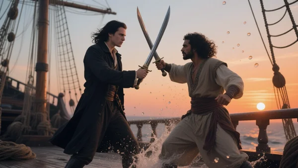 Deux pirates en pleine parade au sabre sur le pont d'un galion, lames croisées, éclaboussures d'eau de mer, soleil couchant orangé en arrière-plan