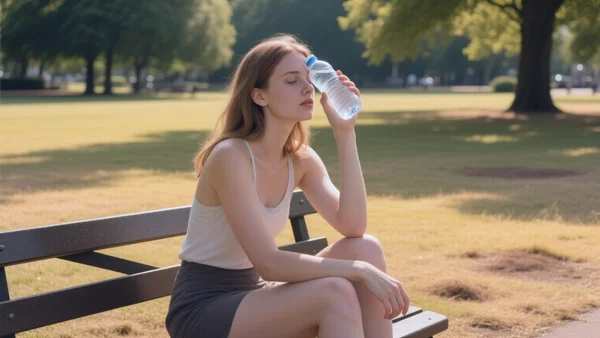 Jeune femme assise sur un banc dans un parc londonien, essuyant la sueur de son front avec une bouteille d'eau à la main, pelouse jaunie par la chaleur autour d'elle