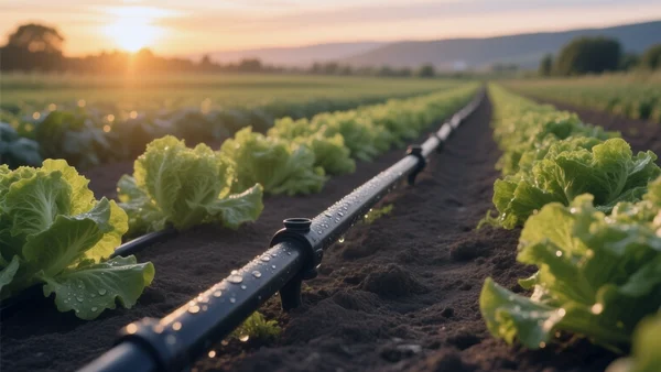 Tuyau d'irrigation goutte à goutte dans un champ de légumes dans la vallée du Rhône, lumière dorée du coucher de soleil
