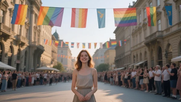 Foule de personnes marchant sous un arc-en-ciel de drapeaux dans une large avenue de Budapest, immeubles historiques en arrière-plan, lumière de fin d'après-midi