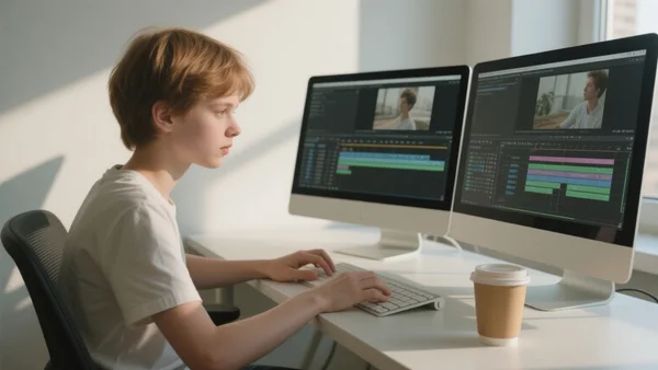 Jeune créateur assis à un bureau, les mains sur un clavier, deux écrans d'ordinateur affichant des timelines de montage vidéo, tasse de café à côté, lumière naturelle de fin d'après-midi