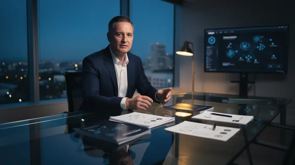 Portrait d'un responsable d'a16z dans son bureau moderne, illustrant la levée de fonds de 2,2 milliards de dollars pour le Crypto Fund 5.