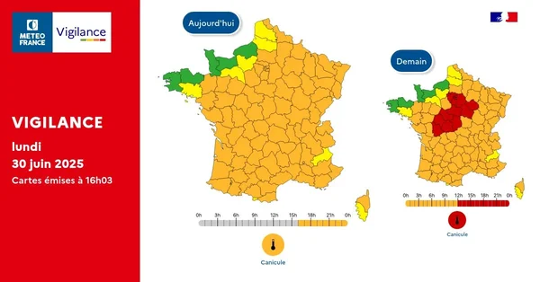 Carte de vigilance canicule de Météo France pour le 30 juin 2025, montrant les départements en alerte.