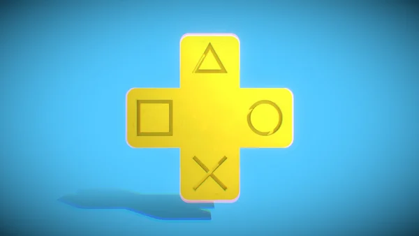 Logo PlayStation Plus stylisé en pavé directionnel sur fond bleu.