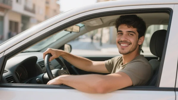Jeune conducteur souriant au volant de sa voiture en ville, main sur le volant, regard confiant, lumière naturelle