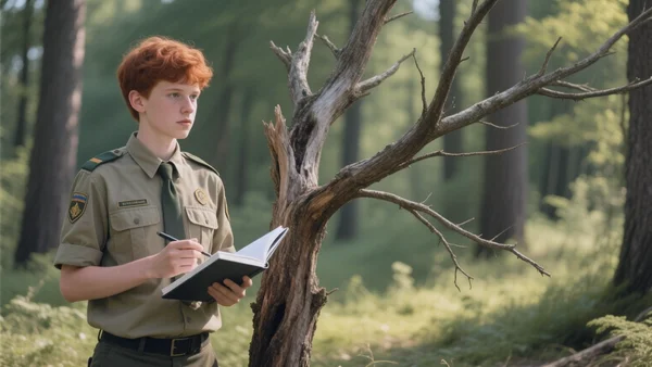 Jeune garde forestier en tenue de terrain, carnet à la main, debout devant un arbre mort aux branches dénudées, sous-bois ensoleillé
