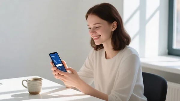 Jeune femme souriante assise à un bureau, consultant son application bancaire sur un smartphone, tasse de café à côté, lumière naturelle du jour