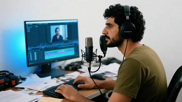 Un homme d'une trentaine d'années assis à un bureau en désordre, casque audio sur les oreilles, micro à condensateur devant lui, écran d'ordinateur allumé montrant un logiciel de montage vidéo, lumière bleutée de l'écran éclairant son visage concentré