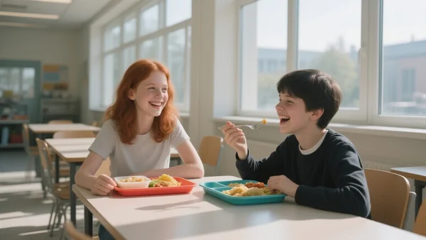 Jeunes étudiants attablés dans une cantine lumineuse, plateaux-repas colorés, sourires, ambiance décontractée, grandes baies vitrées laissant entrer le soleil