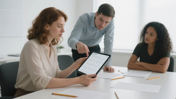 Comité d'experts examinant une tablette avec une grille d'évaluation, salle de réunion lumineuse, paperasse et crayons sur la table