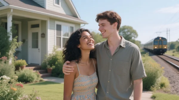 Jeune couple souriant devant une petite maison de banlieue avec jardin, train de banlieue au loin, jour ensoleillé