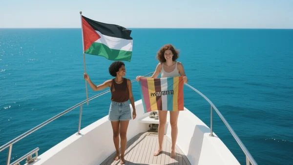Groupe de militants souriants sur le pont d'un bateau blanc, drapeaux palestiniens et banderoles colorées au vent, mer bleue Méditerranée en arrière-plan