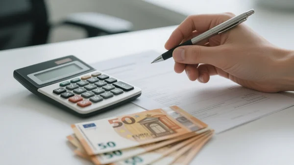 Gros plan sur une calculatrice posée sur une fiche de paie, des billets de banque à côté, stylo en main, éclairage de bureau