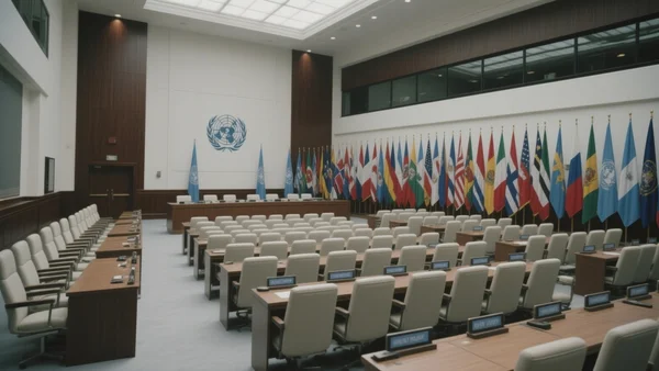 Salle de conférence des Nations Unies à New York, drapeaux des pays membres alignés, sièges vides après une réunion, éclairage froid et solennel