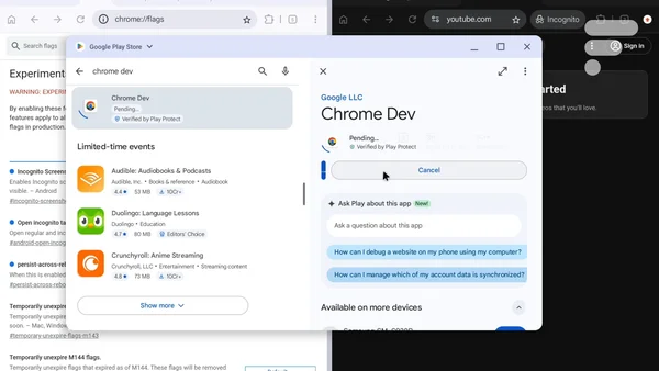 Bureau Aluminium OS avec fenêtres de navigateur et Google Play Store pour Chrome Dev.