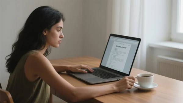 Jeune femme assise à un bureau, regardant un contrat d'électricité sur son ordinateur portable, tasse de café à côté, lumière du jour tamisée