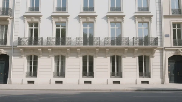 Façade d'un immeuble haussmannien à Paris avec balcons en fer forgé, fenêtres alignées, ciel gris clair, trottoir vide