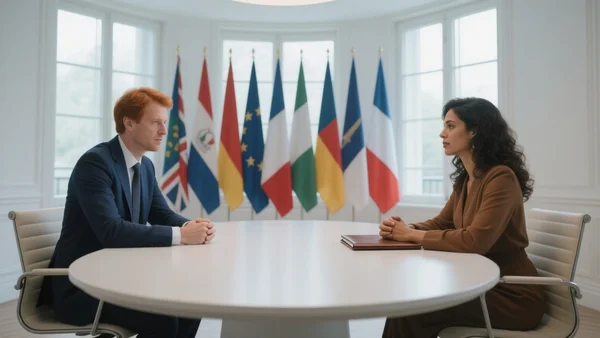 Sept ministres des Finances assis autour d'une table de conférence ronde dans une salle moderne à Paris, drapeaux des pays du G7 alignés derrière eux, lumière naturelle traversant de grandes baies vitrées