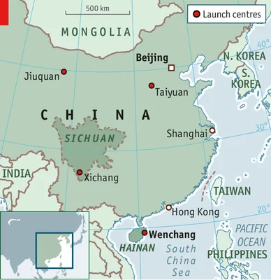Carte des centres de lancement chinois, dont Wenchang, Jiuquan, Taiyuan et Xichang.