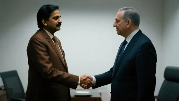 Poignée de main entre un diplomate indien et un diplomate israélien, costume-cravate, fond neutre d'un bureau gouvernemental, éclairage tamisé
