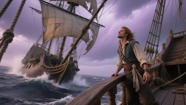 Un navire pirate en bois pris dans une tempête en pleine mer, voiles déchirées, vagues déchaînées, ciel d'orage violet et gris, angle dramatique en contre-plongée