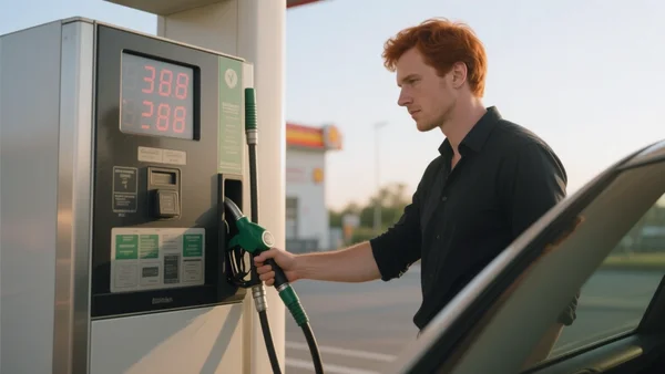Automobiliste faisant le plein à une pompe à essence, prix affiché élevé, lumière de fin d'après-midi, main tenant le pistolet