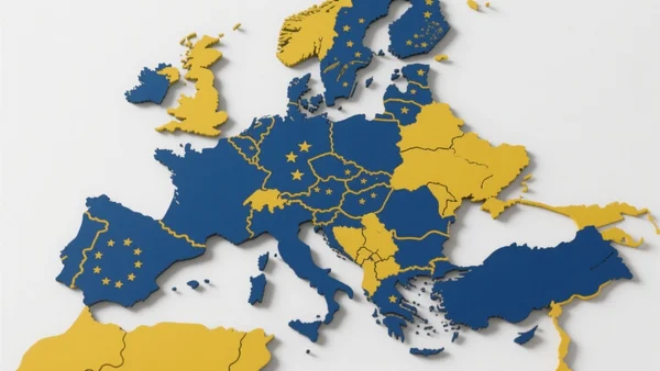 Carte de l'Europe aux couleurs de l'Union européenne, avec les pays membres en bleu et les pays candidats (Ukraine, Moldavie, Balkans occidentaux) en jaune, silhouettes des frontières, style épuré sur fond blanc, vue d'ensemble du continent