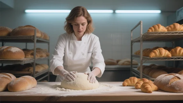Catherine Vautrin en blouse blanche, mains enfarinées en train de pétrir de la pâte dans une boulangerie, entourée de miches de pain et de croissants, éclairage cru de néon