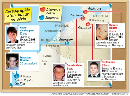 Carte des enlèvements attribués à Schartzmann, le tueur en série des centres de vacances.