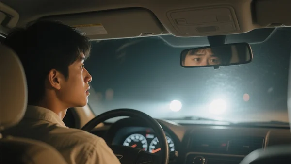 Jeune conducteur au volant d'une voiture, regard inquiet vers le rétroviseur, tableau de bord avec compteur de vitesse visible, ambiance nocturne éclairée par les phares