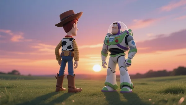 Woody en cow-boy debout à côté de Buzz l'Éclair en tenue spatiale, tous deux face à un coucher de soleil, ombres allongées sur l'herbe, ambiance nostalgique