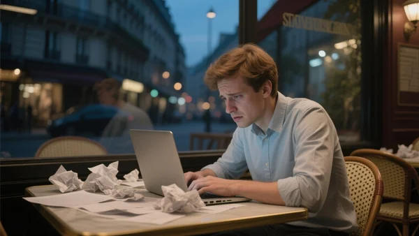 Ingénieur data scientist regardant son ordinateur portable d'un air soucieux dans un café parisien, feuilles de stock-options froissées sur la table, lumière tamisée du soir
