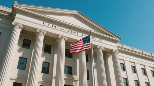 Façade du bâtiment du département de la Justice américain à Washington, drapeau américain flottant, lumière du jour