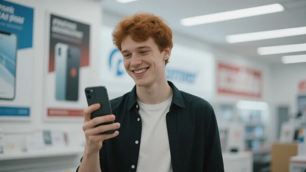 Jeune homme souriant tenant un smartphone dans une main, fond flou d'une boutique d'opérateur téléphonique avec des affiches de forfaits, éclairage artificiel de magasin