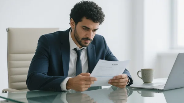 Ministre de l'Économie lisant un document budgétaire dans un bureau moderne, lumière naturelle, expression sérieuse