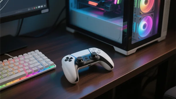 Manette DualSense posée sur un bureau à côté d'un PC gamer avec clavier rétroéclairé RVB, ambiance sombre et lumineuse
