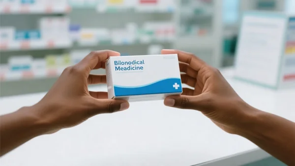 Deux mains tenant une boîte de médicament biologique blanc et bleu, fond flou de comptoir de pharmacie, éclairage neutre et net