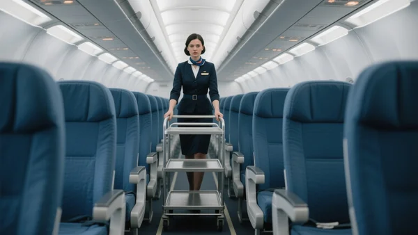 Portrait d'un agent de bord poussant un chariot vide dans un avion aux sièges alignés, lumière froide de cabine, ambiance tendue