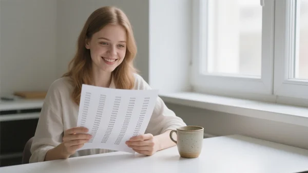 Jeune femme souriante assise à un bureau, tenant une feuille de papier avec des lignes de chiffres, tasse de café à côté, lumière naturelle du jour