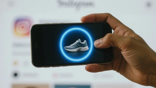 Doigt entourant une paire de sneakers sur un écran de smartphone, cercle lumineux bleu autour de l'objet, fond flou d'application Instagram