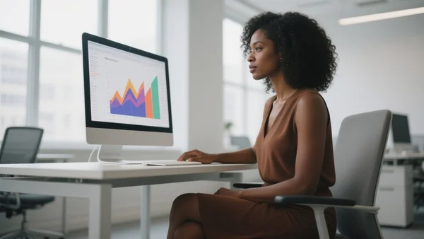 Femme assise derrière un bureau dans un bureau moderne, regardant un écran d'ordinateur affichant des graphiques, lumière naturelle, plan américain
