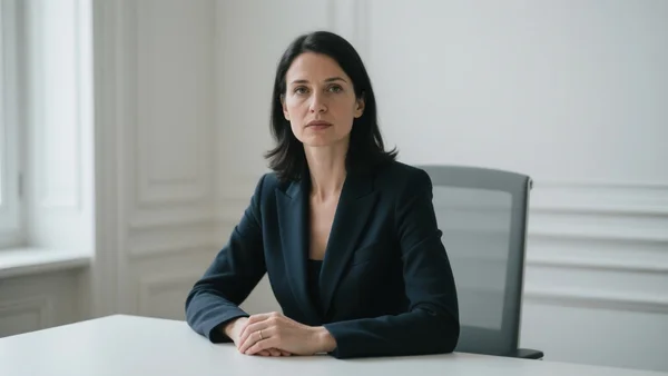 Portrait sérieux de Laure Beccuau, procureure de Paris, en costume sombre, assise dans un bureau officiel aux murs clairs, éclairage neutre