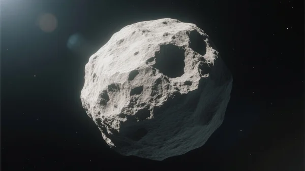 Astéroïde rocheux irrégulier flottant dans l'espace sombre, éclairé par la lumière du soleil, fond d'étoiles lointaines