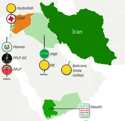 Carte de l'axe de résistance iranien au Moyen-Orient.