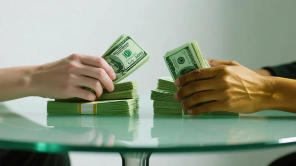 Gros plan sur deux mains serrant des liasses de billets verts sur une table en verre, ambiance austère et froide, reflets lumineux sur les billets