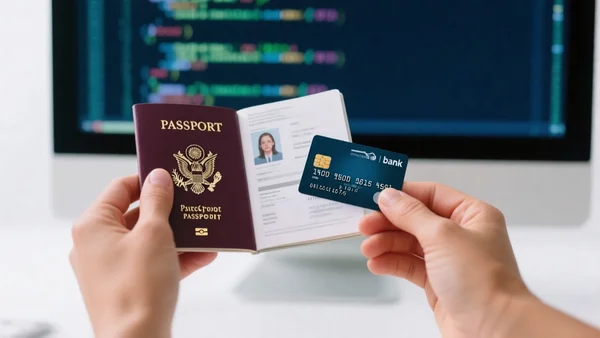 Gros plan sur des mains tenant un passeport ouvert et une carte bancaire, fond flou d'écran d'ordinateur affichant des lignes de code, contraste entre documents officiels et menace numérique