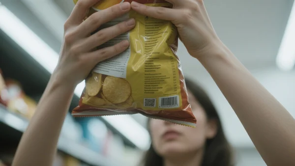 Gros plan sur les mains d'une personne retournant un paquet de chips industrielles, la liste des ingrédients visible au premier plan, éclairage de supermarché froid et lumineux